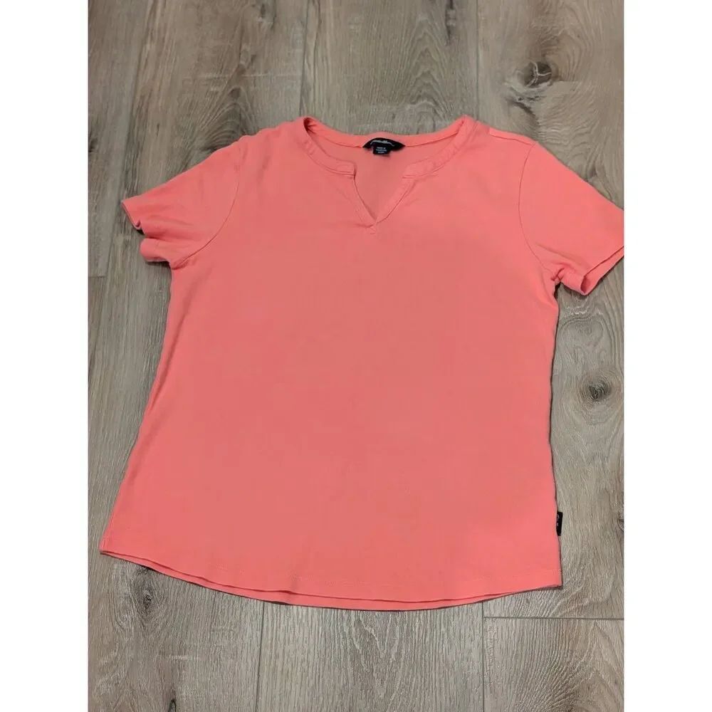 Eddie Bauer Pima Cotton Split V Neck T Shirt Coral Short Sleeve Women's Small